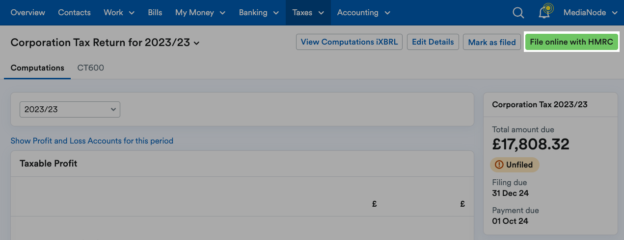 'File online with HMRC' button highlighted above the return.