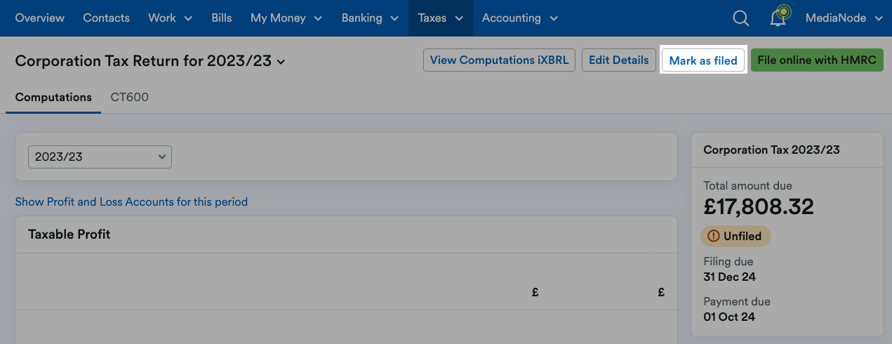 'Mark as filed' button highlighted above the return.