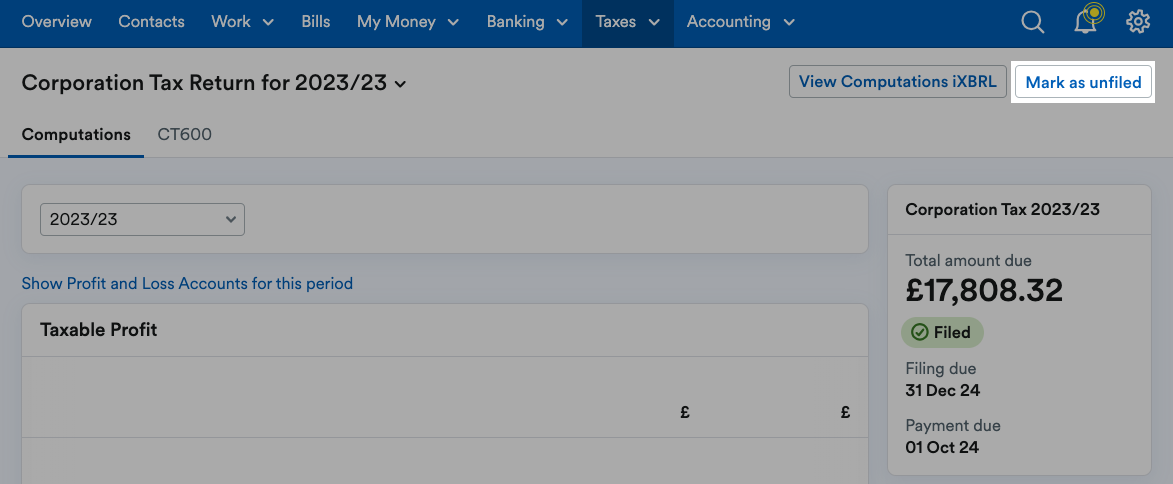 'Mark as unfiled' button highlighted above the return.
