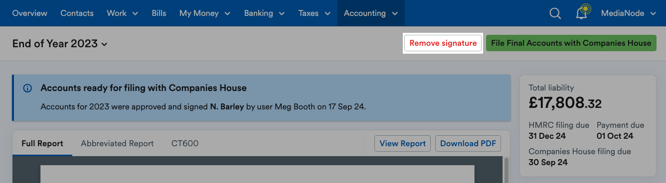'Remove signature' button highlighted above the report.