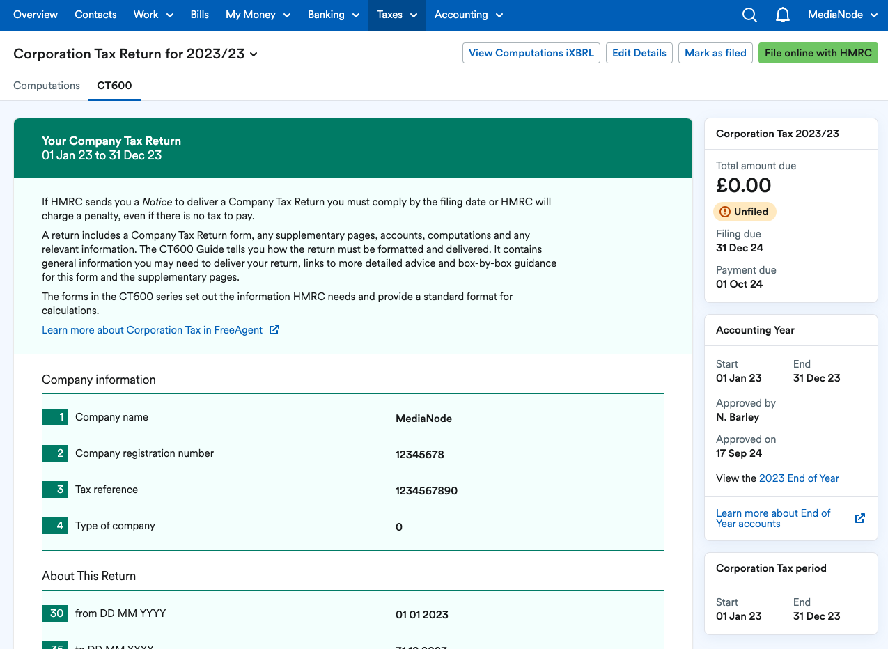 CT600 form with Total amount due listed in panel to next to the return.