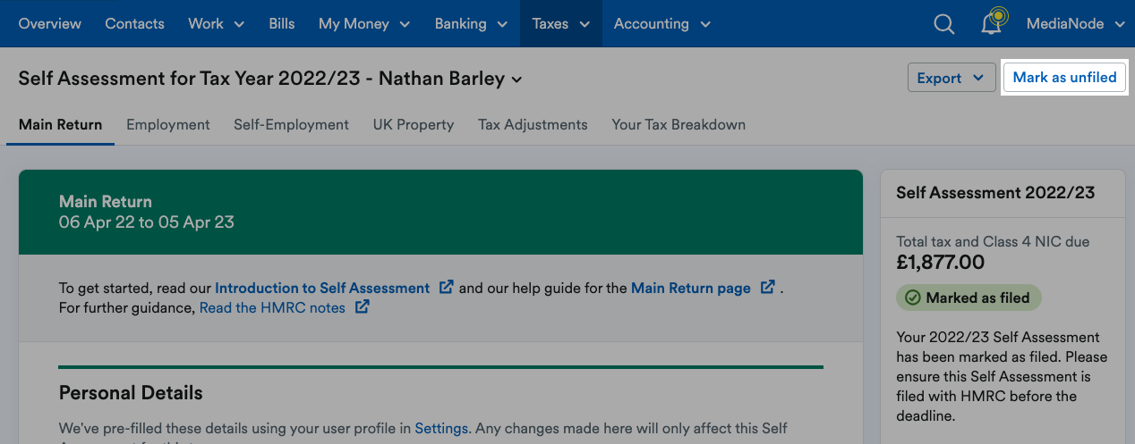 'Mark as unfiled' button highlighted above the return.
