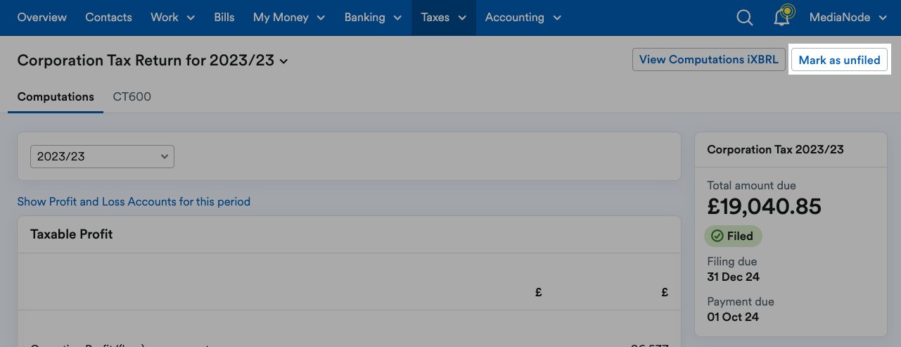 'Mark as unfiled' button highlighted above the return.