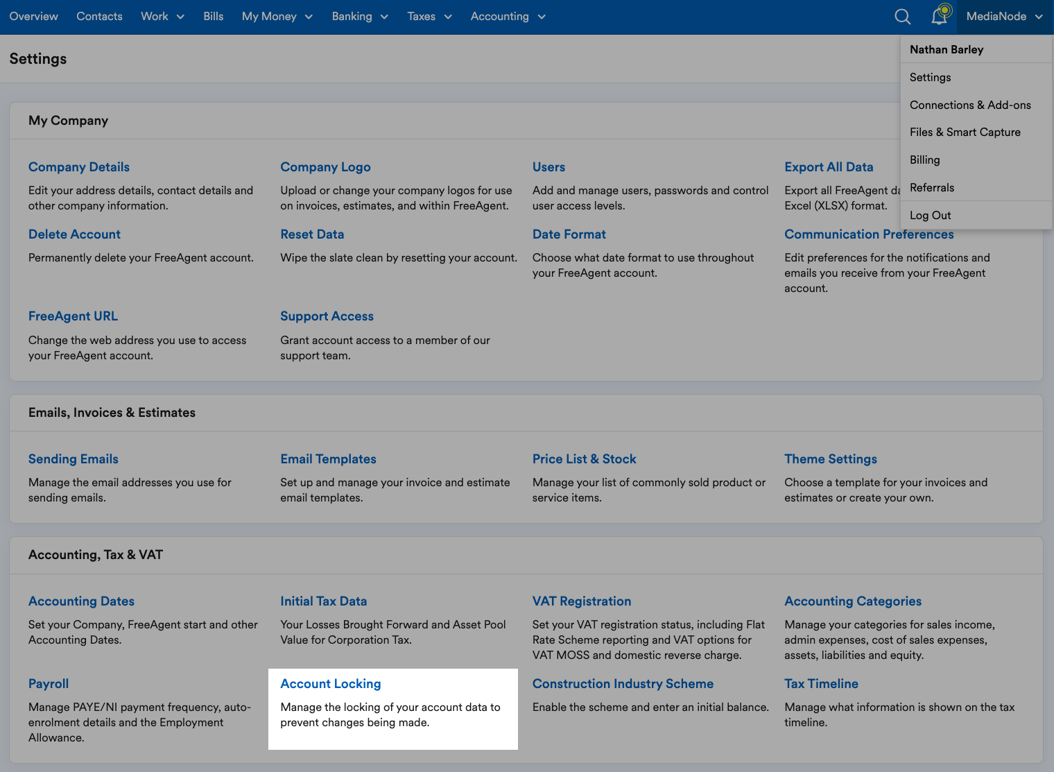 'Account Locking' highlighted within Accounting, Tax and VAT section on Settings page.