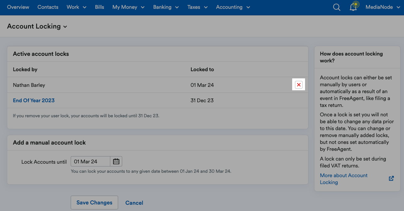 Red cross button highlighted next to an account lock listing.