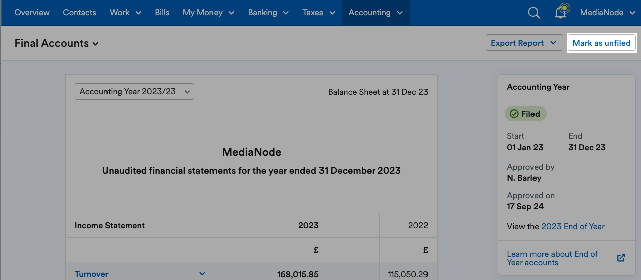 'Mark as unfiled' button highlighted above the report.