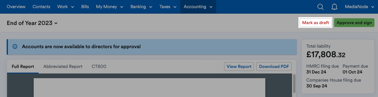 'Mark as draft' button highlighted above the report.