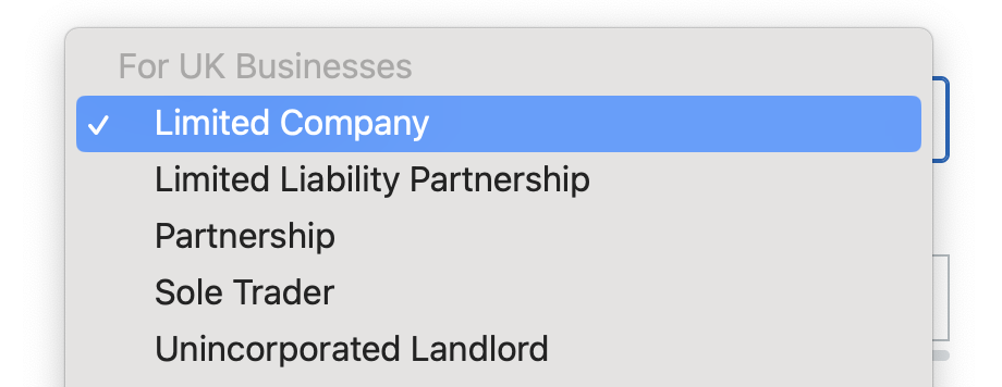'Limited Company' highlighted on drop down menu of supported UK account types.