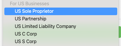 'US Sole Proprietor' selected on drop down menu of supported US account types.