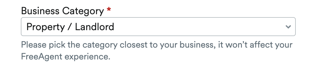 'Property / Landlord' selected as Business Category.