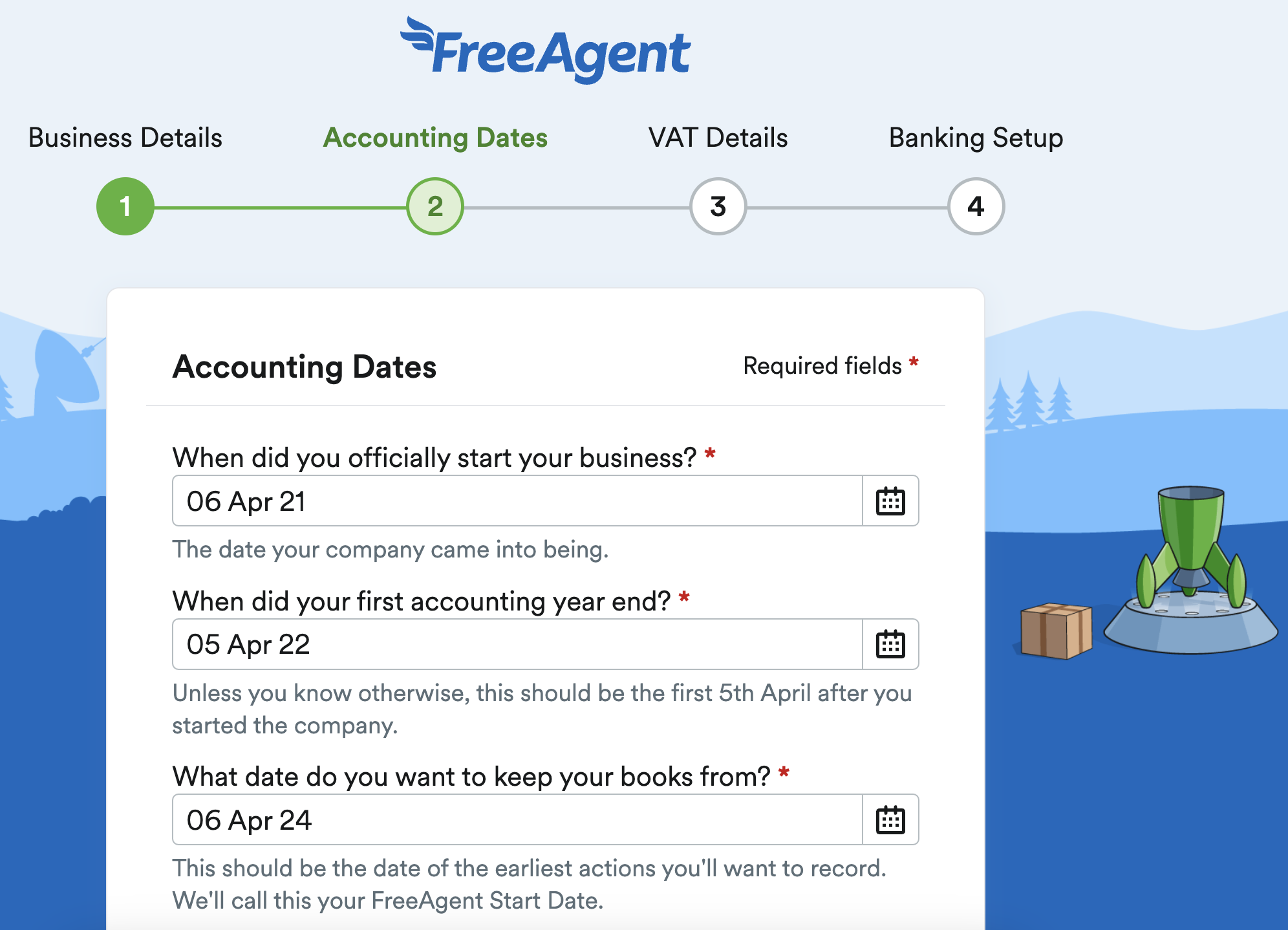 Accounting Dates page of FreeAgent account setup.