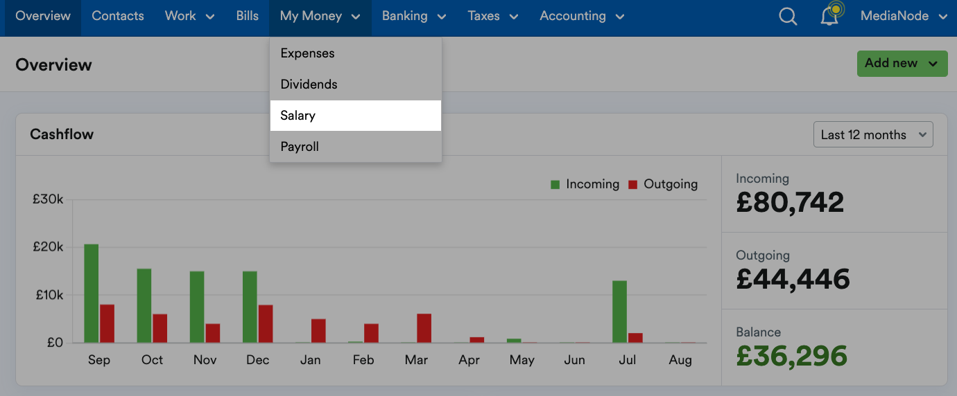 Salary highlighted in drop-down menu under My Money.