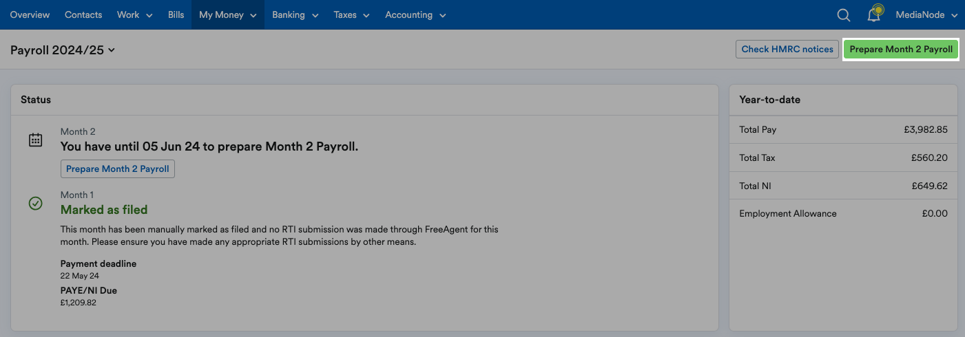 'Prepare month [x] payroll' button highlighted in payroll page header.