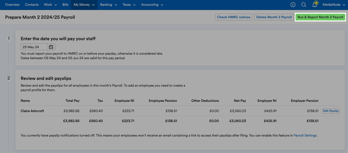 'Run and report month [x] payroll' button highlighted at top of prepare month [x] payroll page.