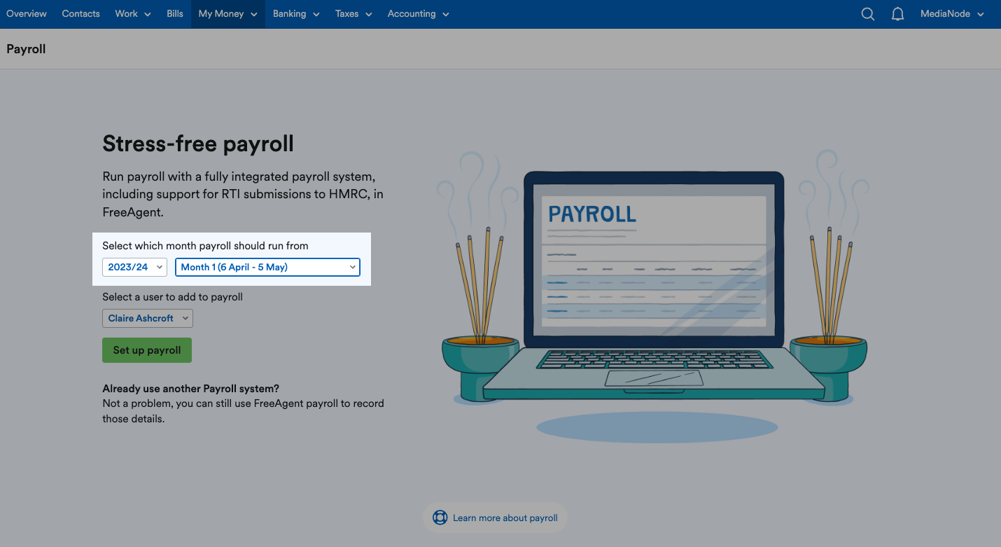 Drop down menus highlighted for selecting which year and month payroll should run from.