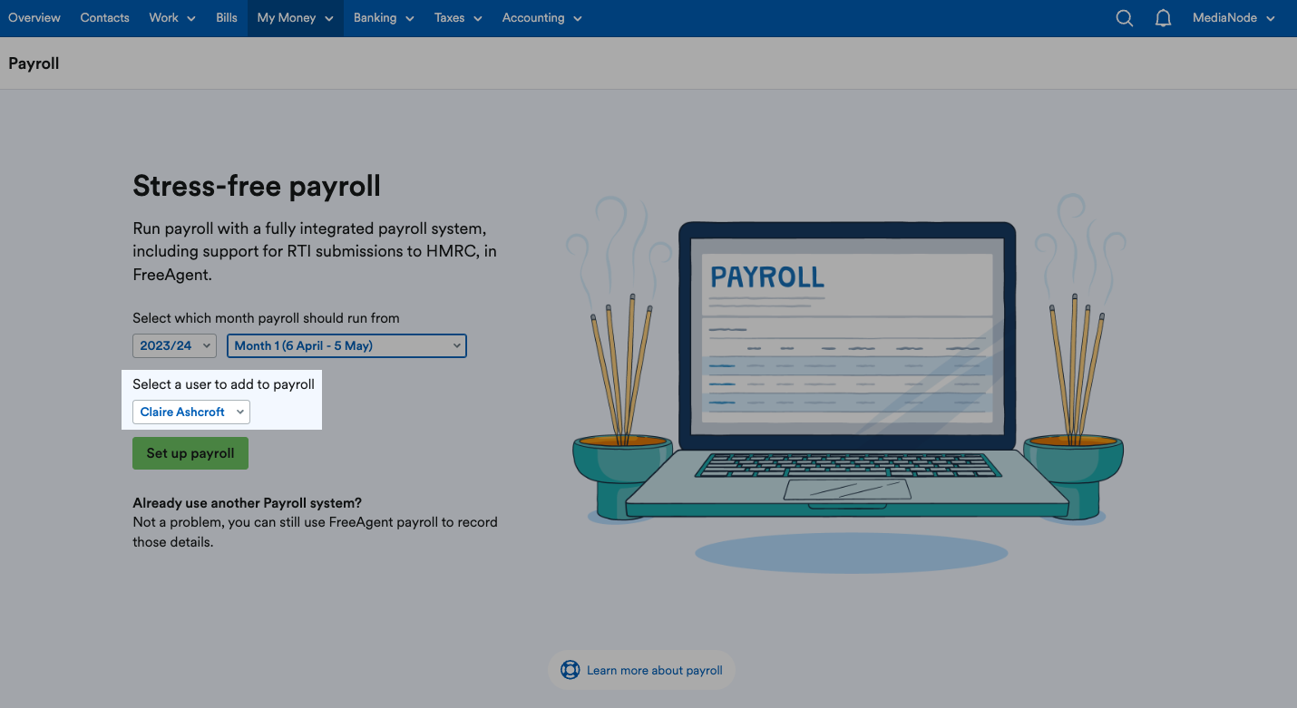 Drop down menu highlighted for selecting a user to add to payroll.