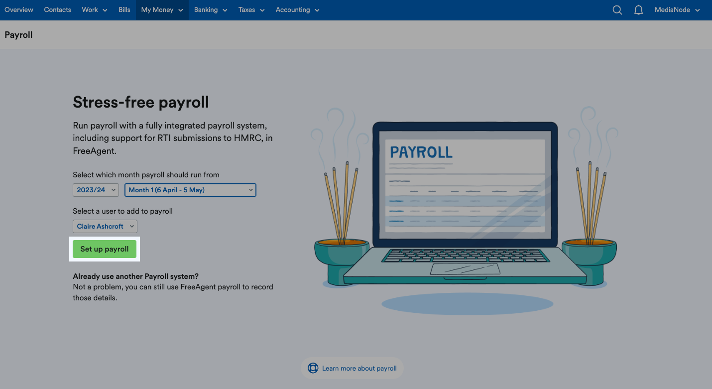 'Set up payroll' button highlighted under set up options.