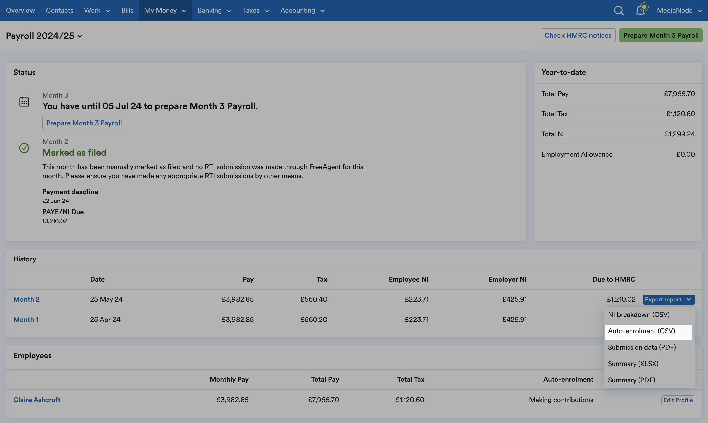 'Auto-enrolment (CSV)' highlighted under 'Export report' drop down menu.