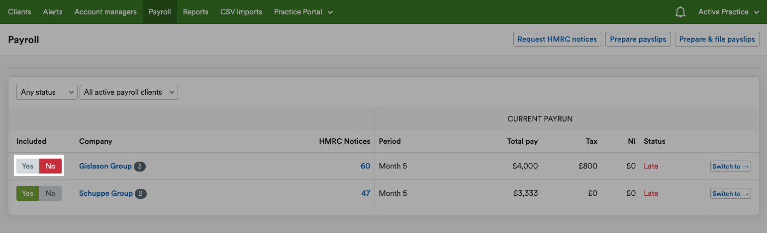 'No' selected for company to be included in payroll.