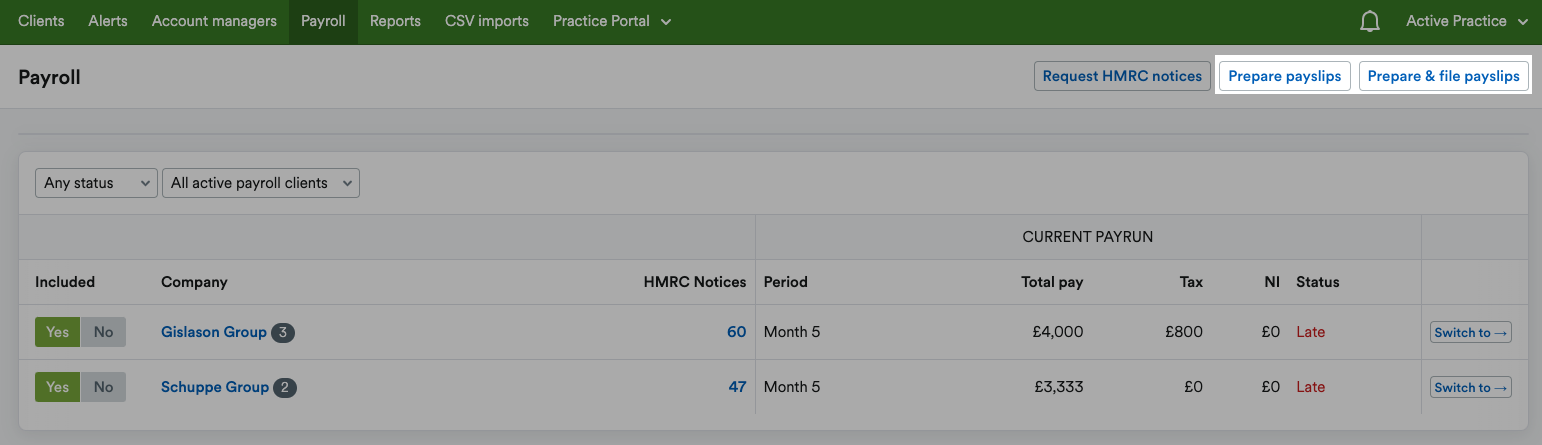 'Prepare payslips' and 'prepare and file payslips' buttons highlighted in payroll page header.