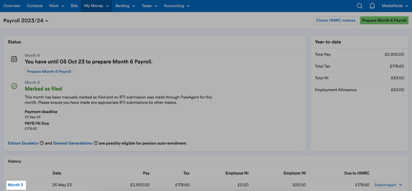 'Month [x]' highlighted in History section of Payroll.
