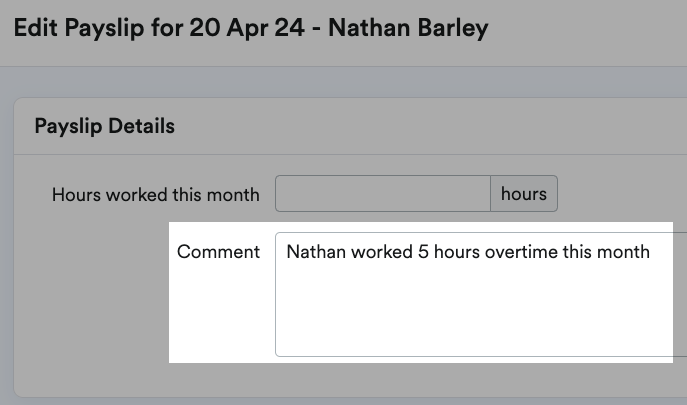 Example comment listing details for employee's work.