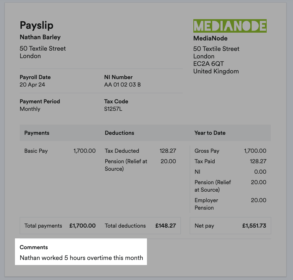Comments highlighted on example payslip.