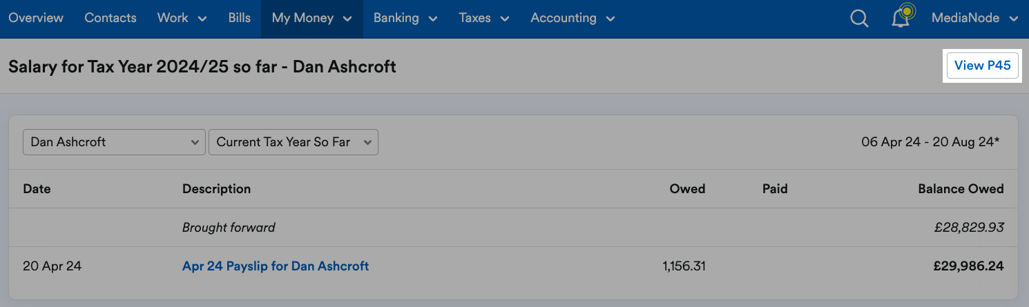'View P45' button highlighted in salary for tax year [x] page header.