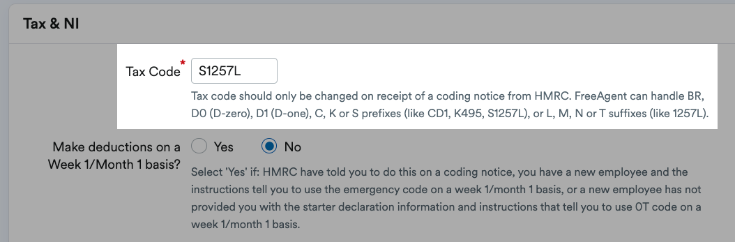 Tax code box highlighted with list of code types FreeAgent can handle.