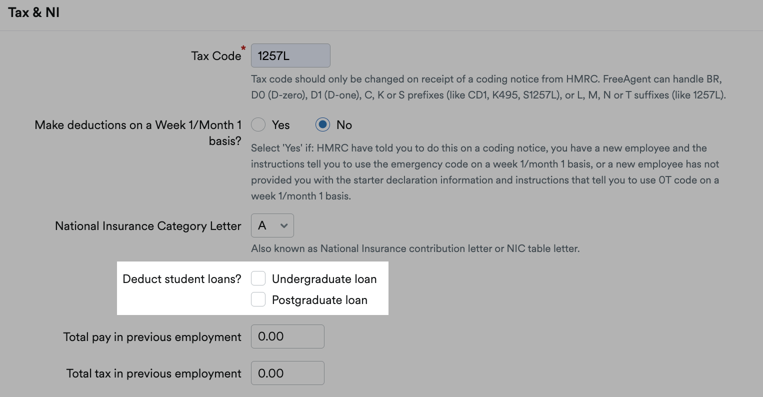 Options to select either Undergraduate or Postgraduate loan and options for deducting student loans.