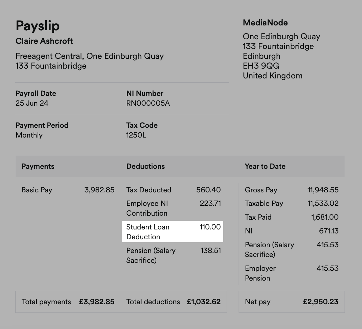 Example payslip with Student Loan Deduction and amount highlighted.