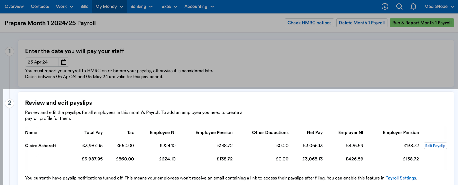 Step 2 to review and edit payslips.