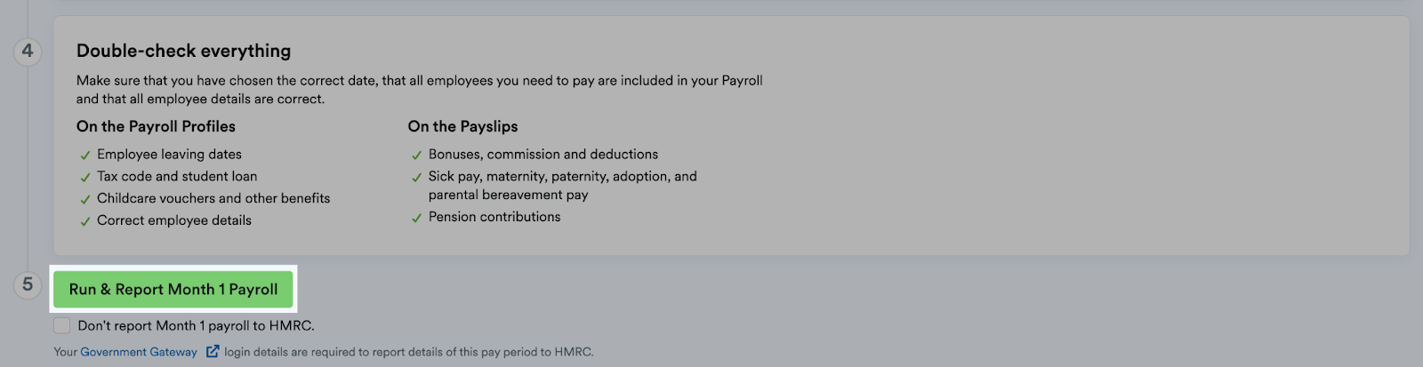 'Run and Report Month 1 Payroll' button at the bottom of the page.