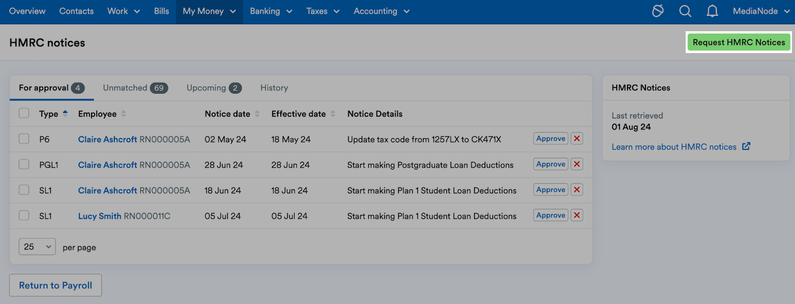 'Request HMRC Notices' button highlighted at top of HMRC notices page.