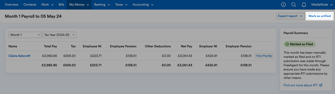 'Mark as unfiled' button highlighted at top of Month [x] payroll page.