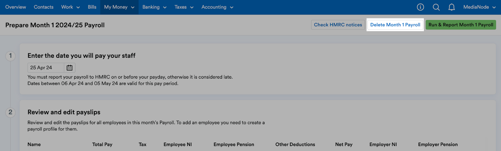 'Delete Month [x] Payroll' highlighted at top of prepare month [x] payroll page.