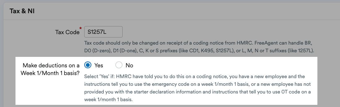 Yes and no options for 'Make deductions on a Week 1/Month 1 basis?'.