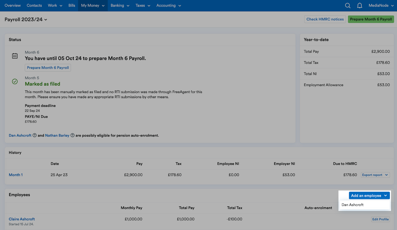 Employee names listed on drop down menu under 'Add an employee' button.
