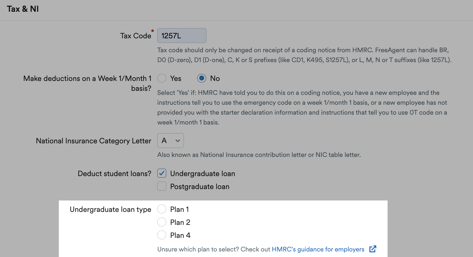 List of plans highlighted to select for undergraduate loan type.