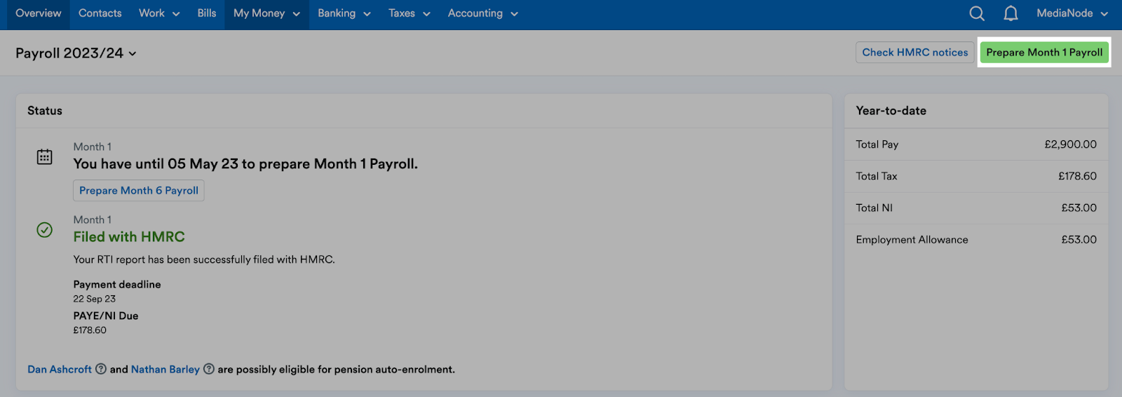 'Prepare Month 1 Payroll' button highlighted on Payroll page header.