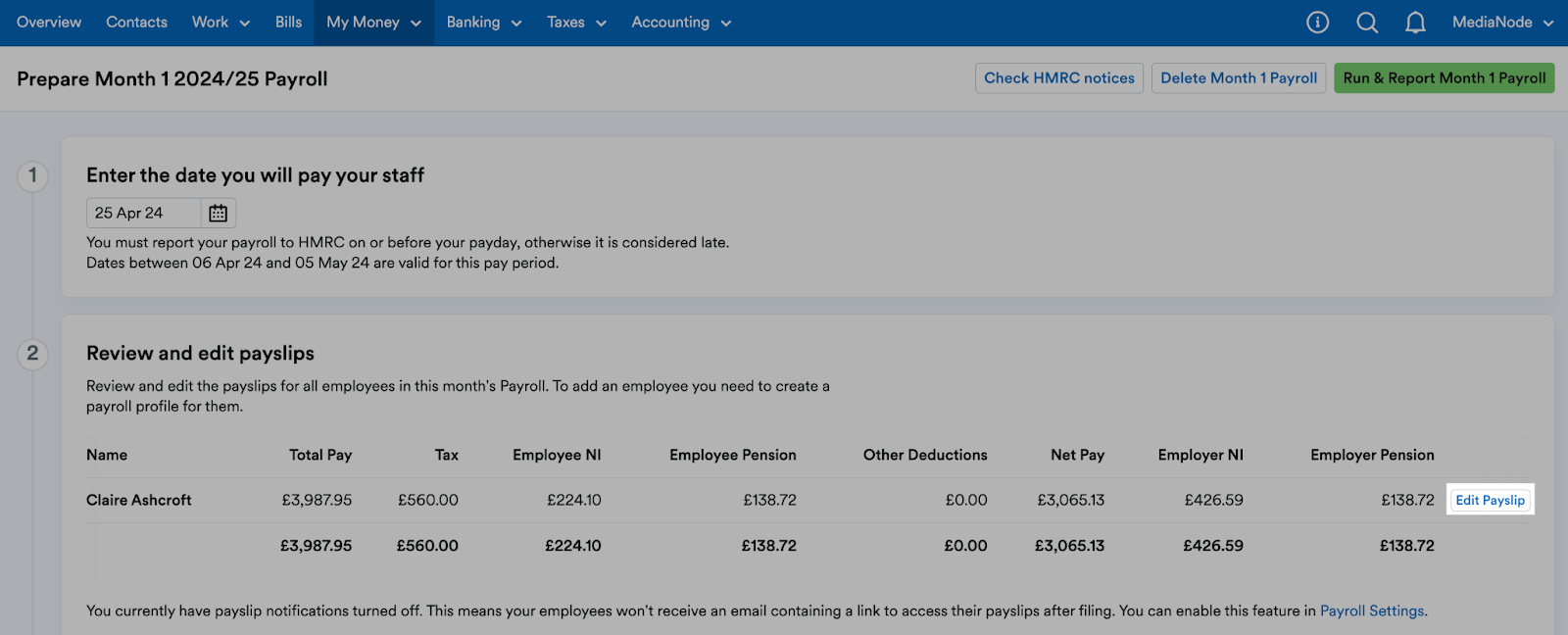 'Edit Payslip' button next to employee listing.