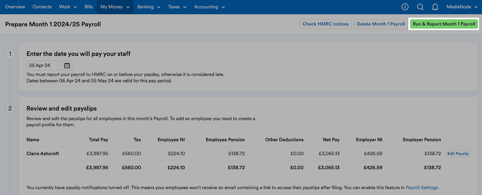 'Run and Report Month 1 Payroll' button at the bottom of the page.