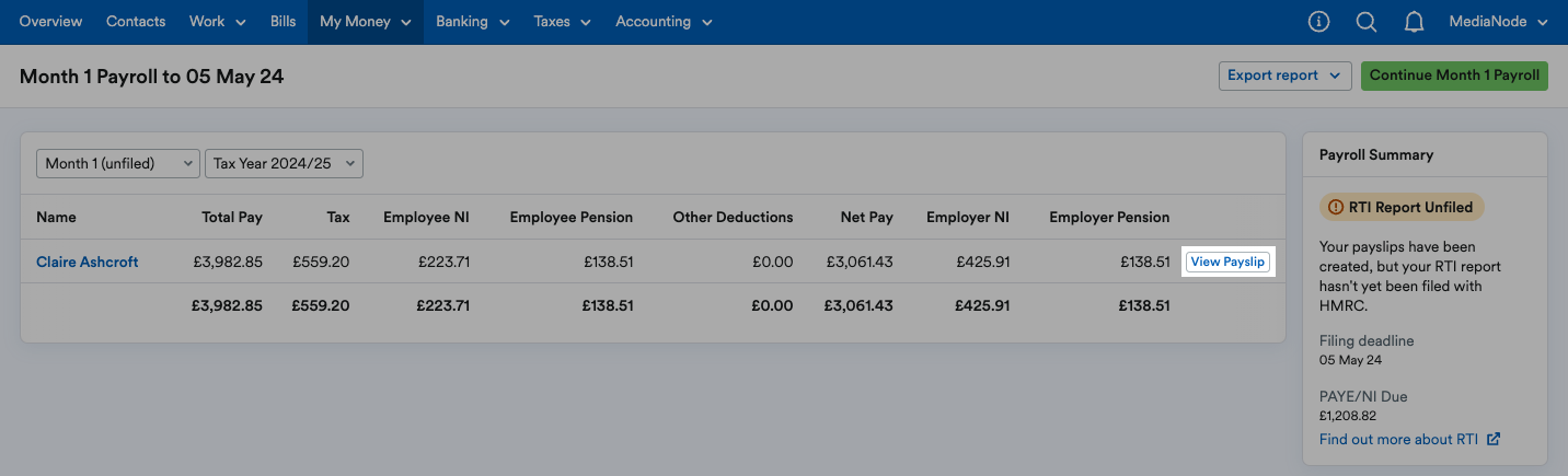 'View Payslip' button highlighted next to employee's listing.