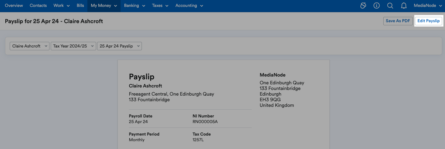 'Edit Payslip' button highlighted at top of payslip.
