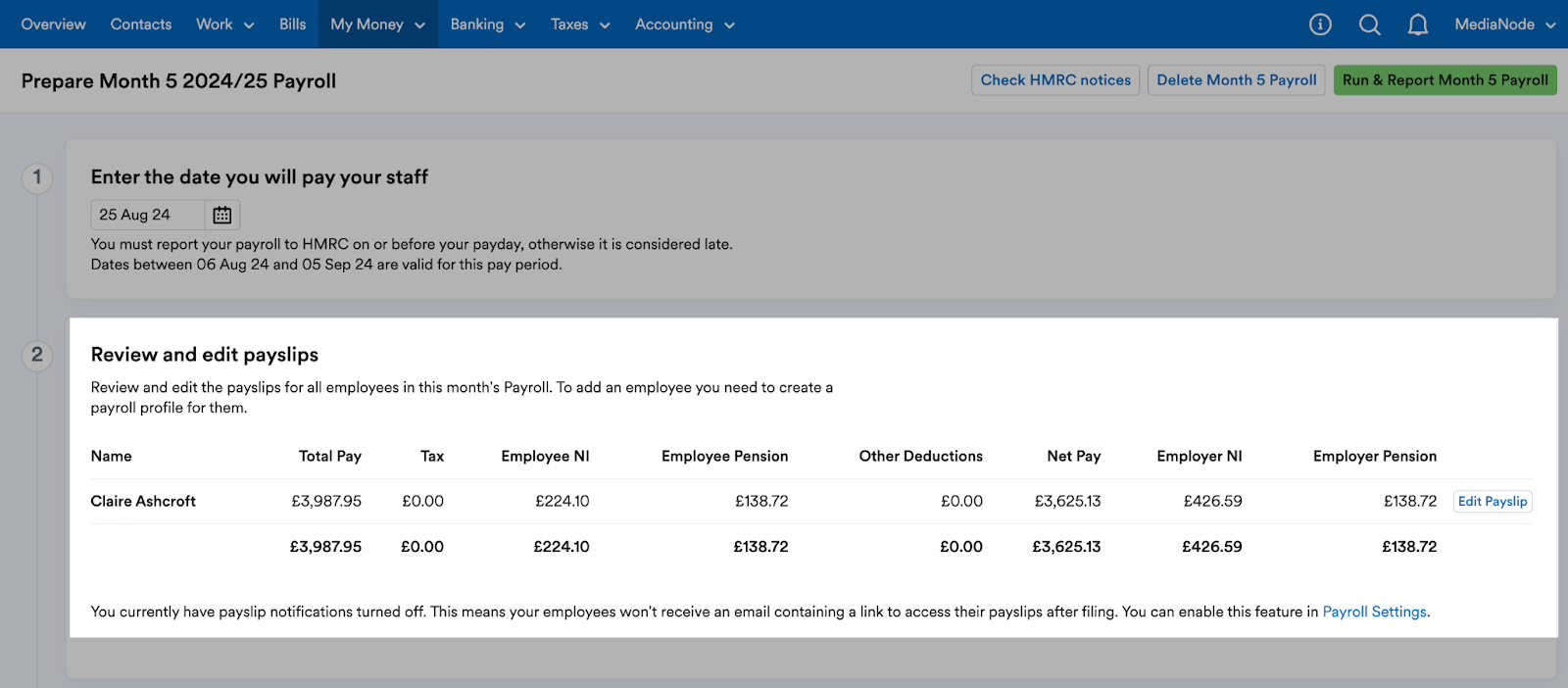 Step 2 to review and edit payslips for preparing month [x] payroll.