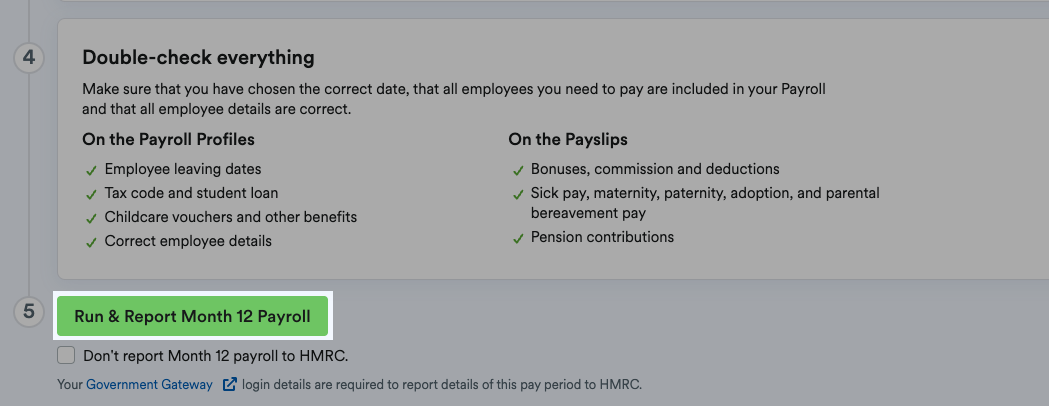 'Run and Report Month [x] payroll' button highlighted at bottom of page.