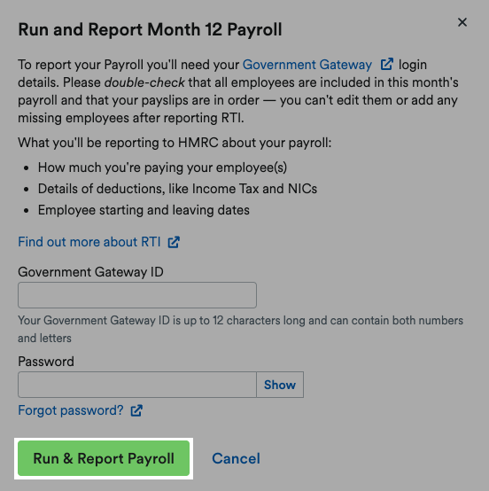 'Run and Report payroll' button highlighted on pop-up window.