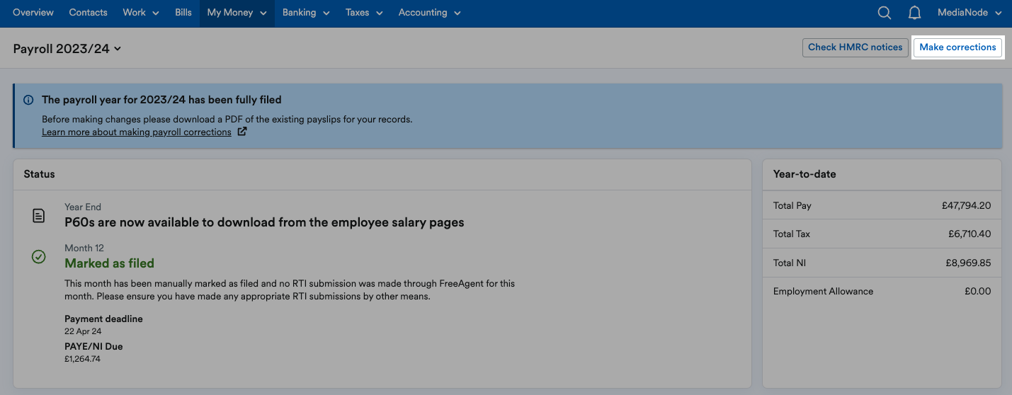 'Make corrections' button highlighted in payroll header.