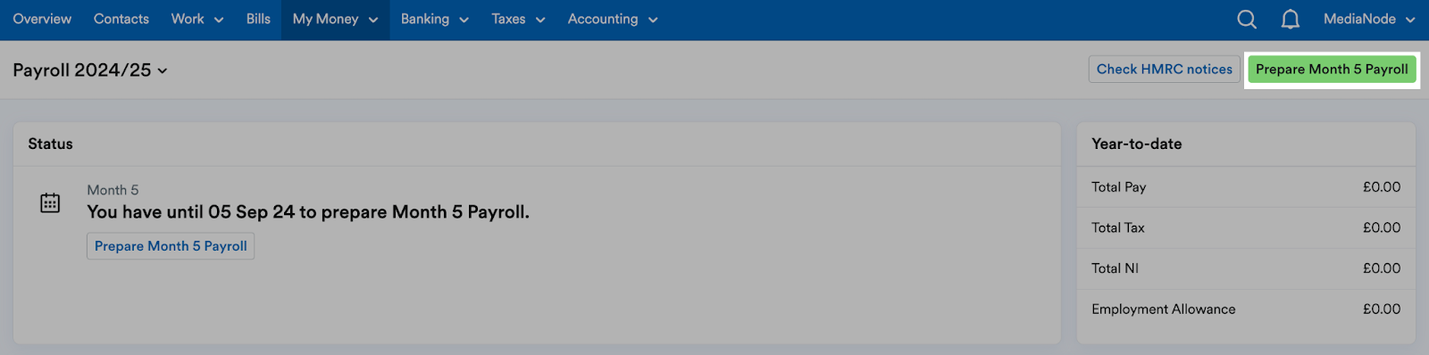 'Prepare Month [x] Payroll' button highlighted in payroll page header.