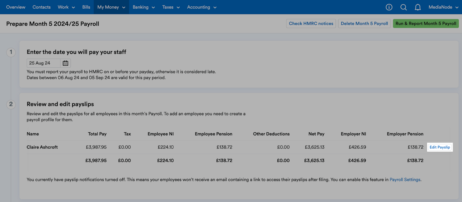 'Edit Payslip' button highlighted next to employees' listings.